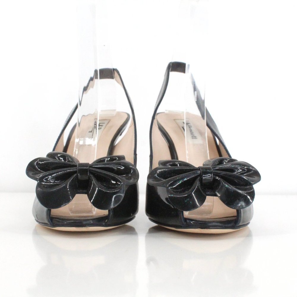 L.K. Bennett Black Patent Leather Peep Toe Slingback Bow Heel SZ 36 - Picture 3 of 16